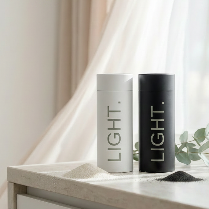 Two 'LIGHT.' containers on a table with a soft curtain background