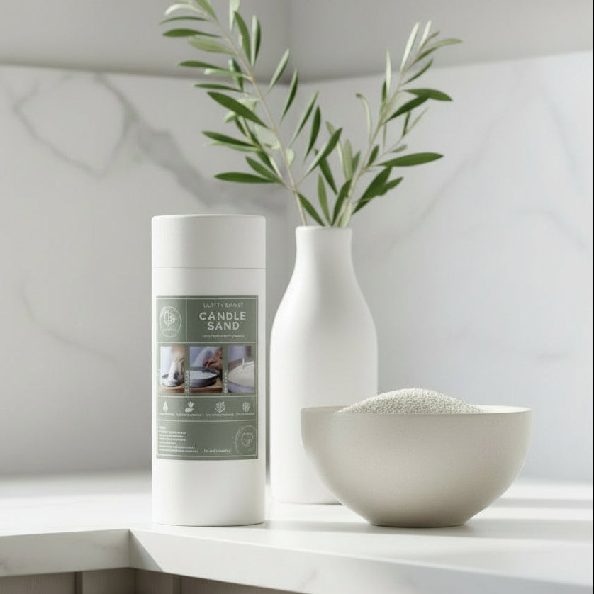 A cylindrical cardboard package containing candle sand with a label showing an image of the candle sand being used in a candle holder, and text including the brand name and product details.