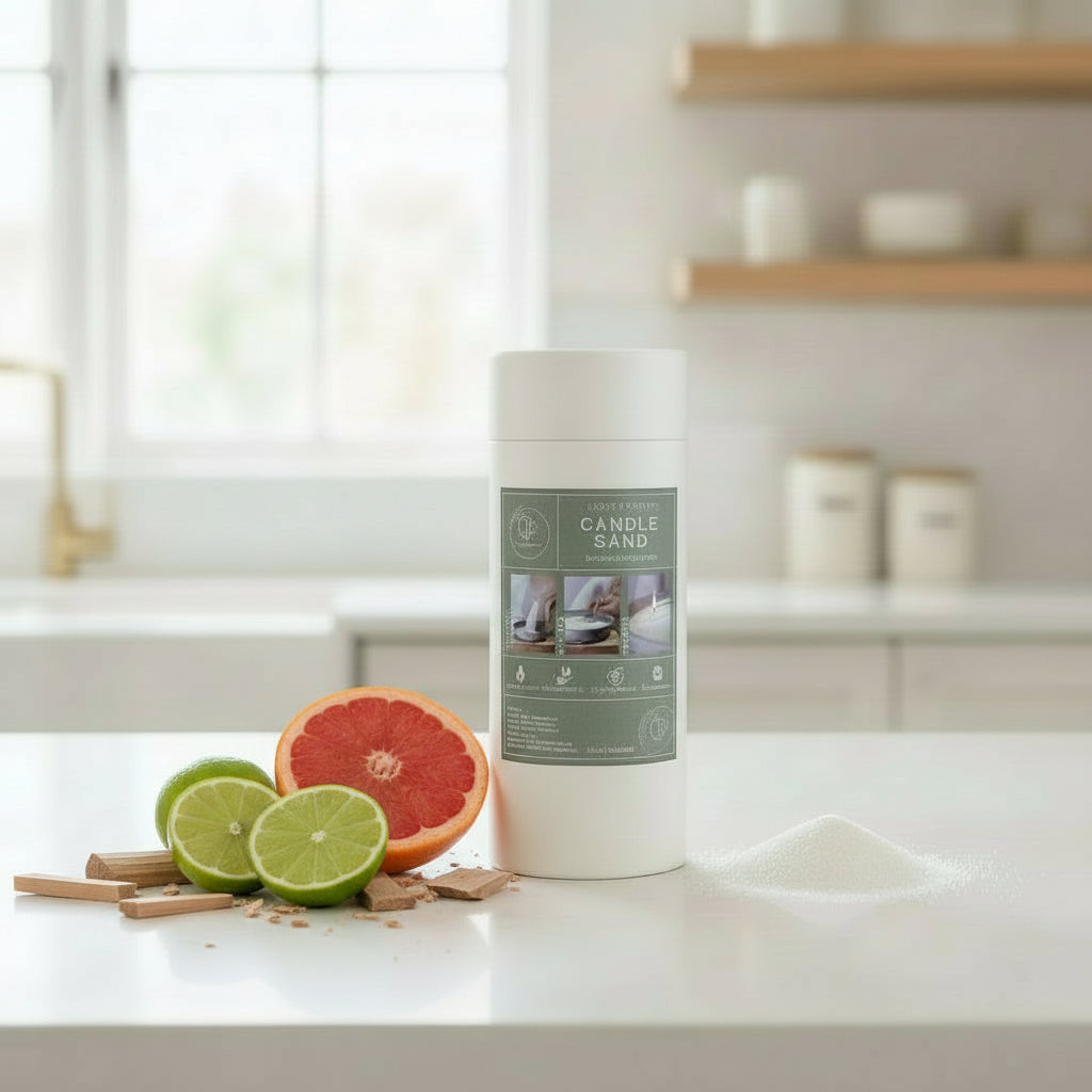 Candle sand container with lime, grapefruit, and cinnamon sticks on a kitchen counter.