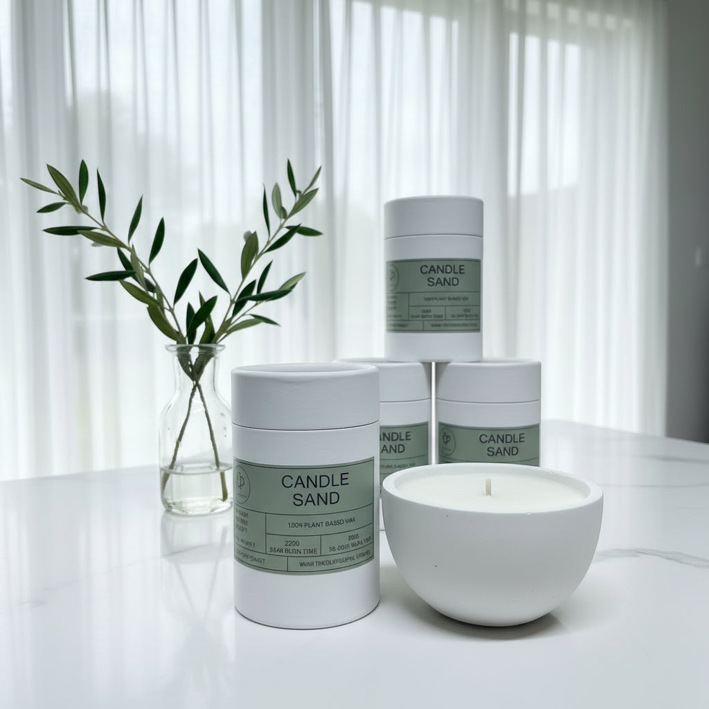 Three cylindrical containers labeled 'Candle Sand' on a white surface.