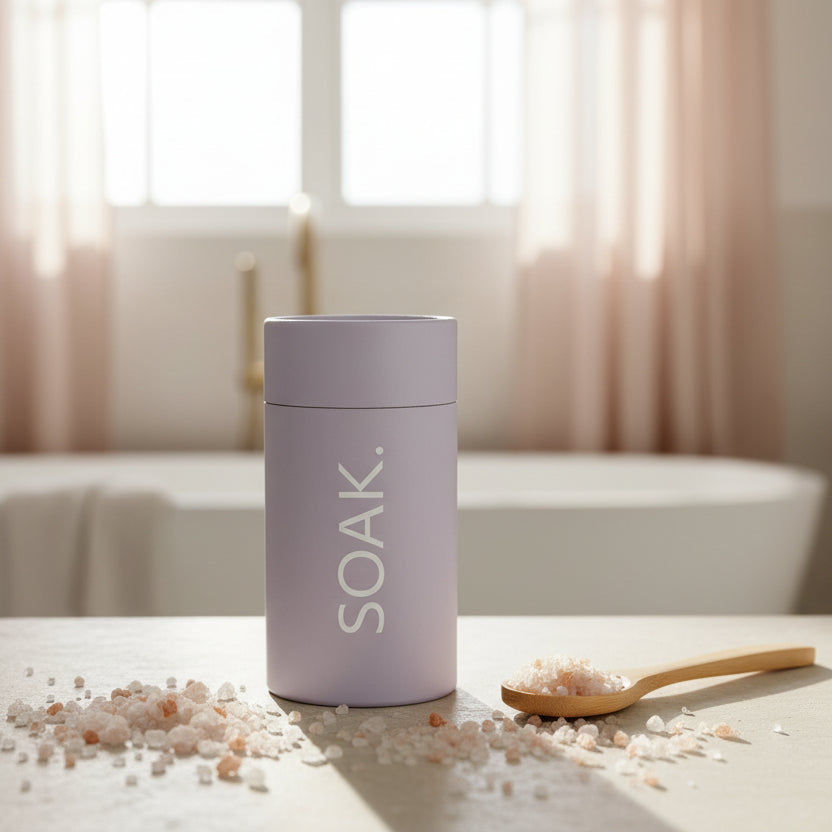 Lavender container with 'SOAK.' text on a bathroom counter with bath salts