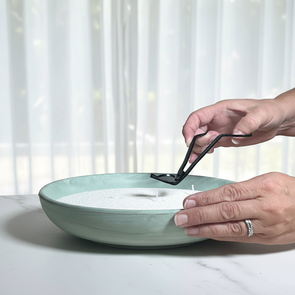 A person's hands are shown lighting a white candle in a shallow, wide ceramic bowl with a sage green rim. The bowl sits on a light wooden table in front of a soft-focus background of white sheer curtains.