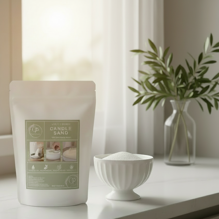 Container of candle sand on a windowsill with a plant and bowl in the background