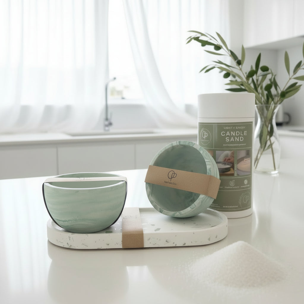 Candlesand supplies including a container of candle sand on a kitchen bench