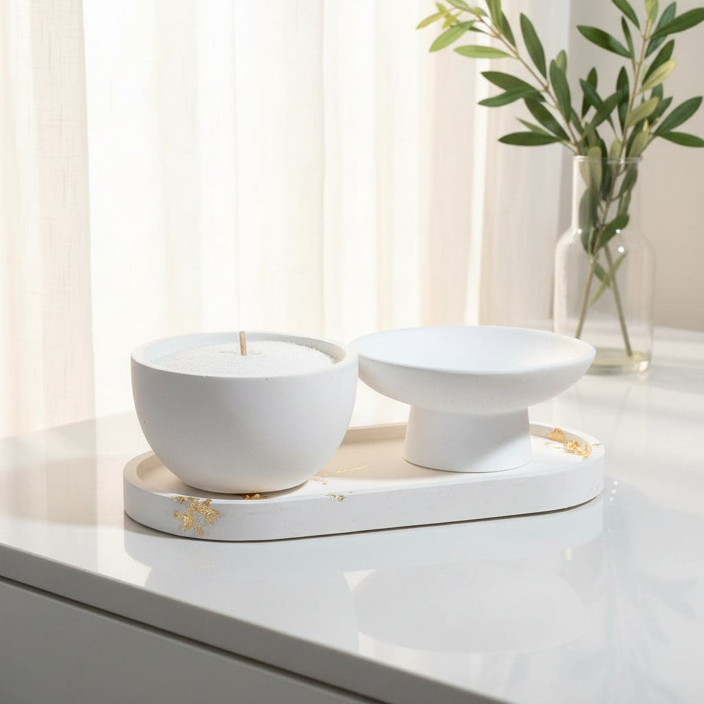 White ceramic candlesand bowl set on a white bench
