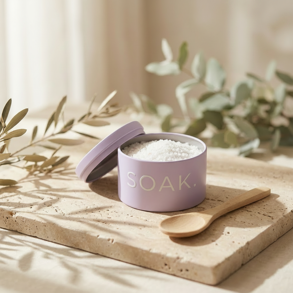 Purple container labeled 'SOAK' with a wooden spoon on a stone surface with greenery in the background 