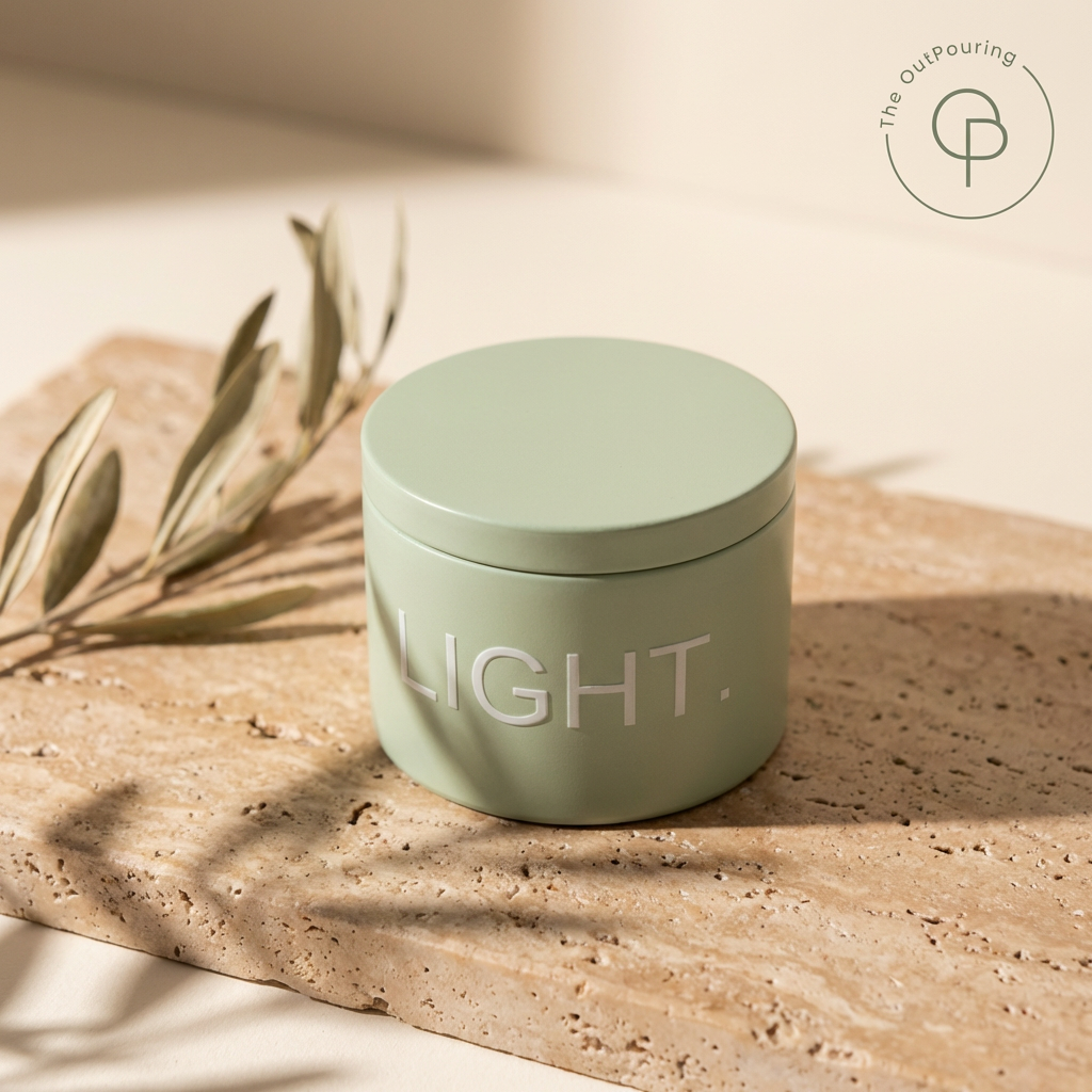Light green container with 'LIGHT.' CandleSand on a beige surface with a plant leaf