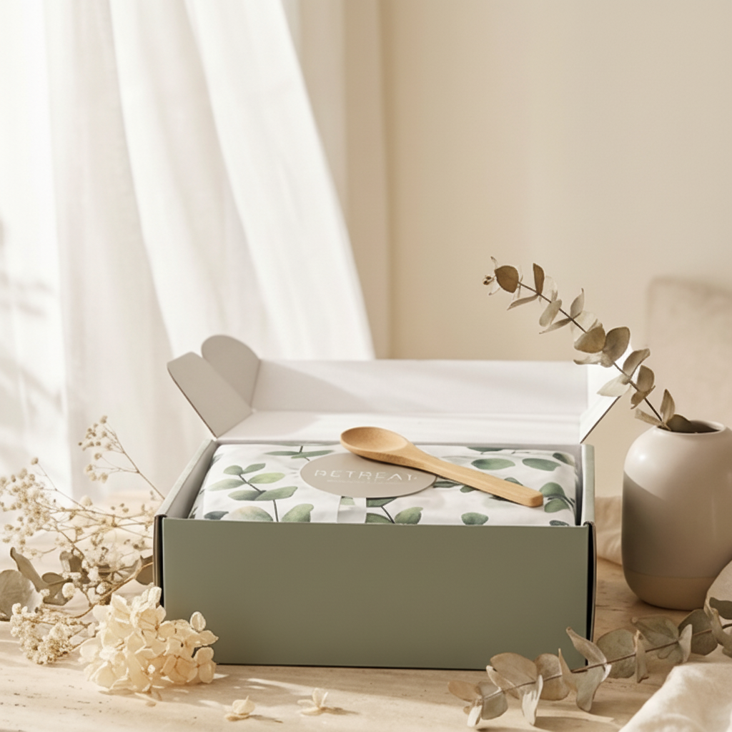 Gift box with 'Gifting' branding on a wooden table with decorative elements.