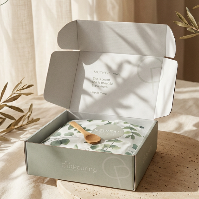 Open box with a product on a wooden surface with natural light and plants.