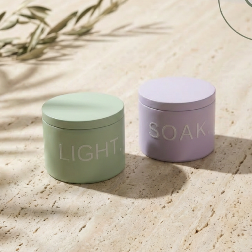 Two containers labeled 'Light' and 'Soak' on a textured surface 