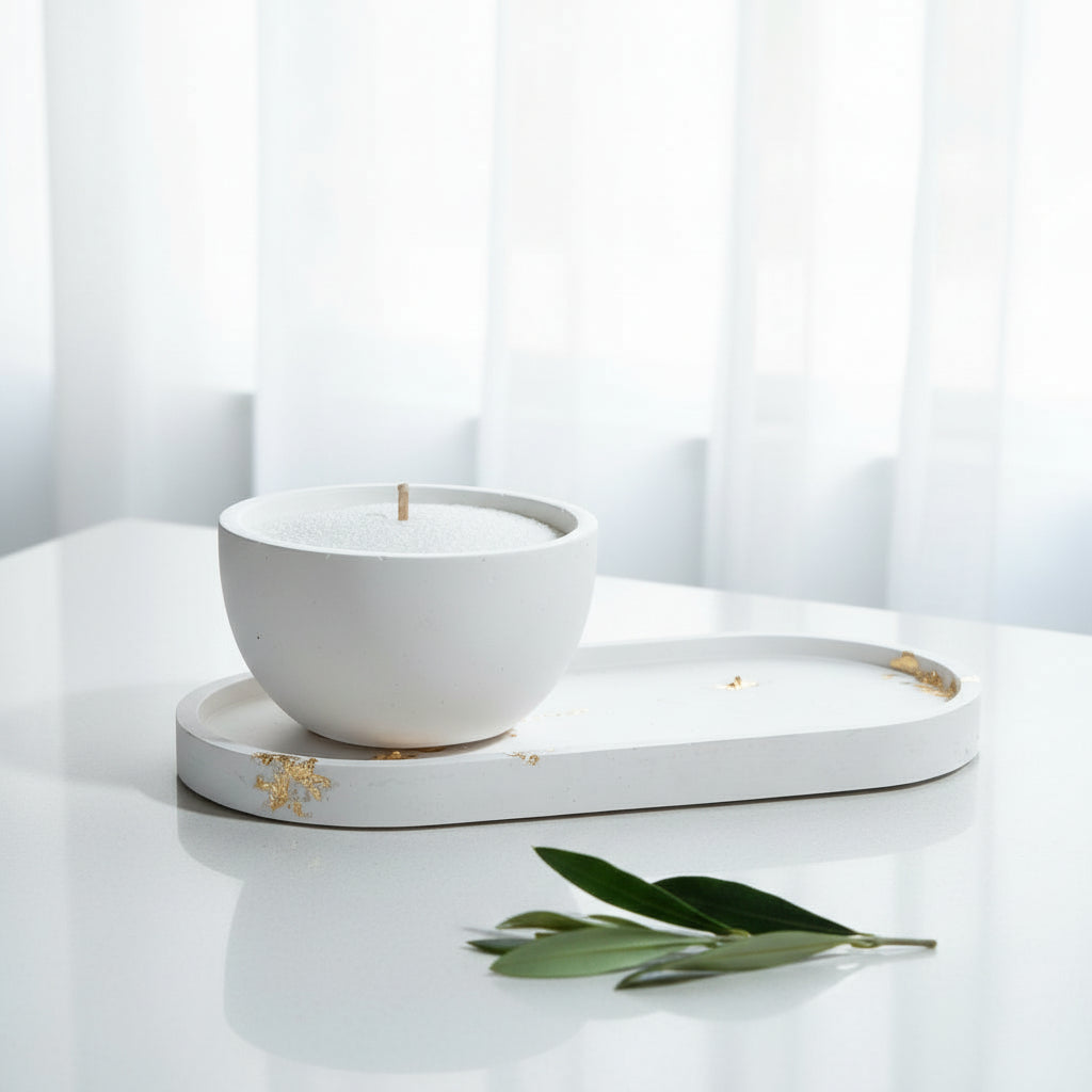 White candle in a bowl on a matching white tray on a white surface with a softbackground