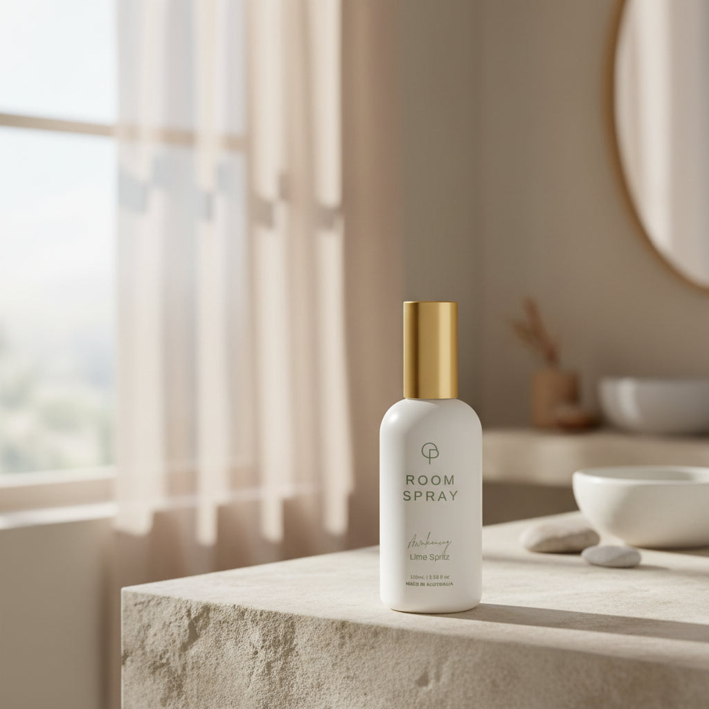 Luxury 100ml room spray bottle styled on a light stone bathroom surface with soft natural daylight and sheer curtains, by The Outpouring, Sunshine Coast Australia