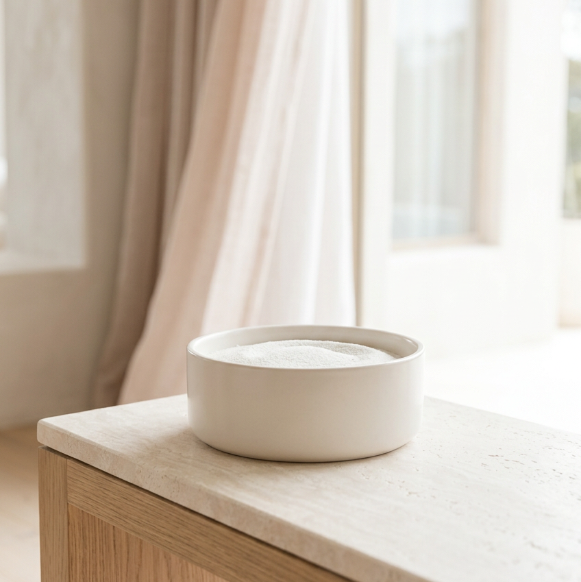 White bowl filled with CandleSand wax on bench