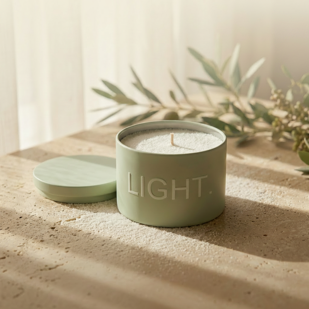 CandleSand in a travel container with 'LIGHT' text on a sandy surface with plants in the background