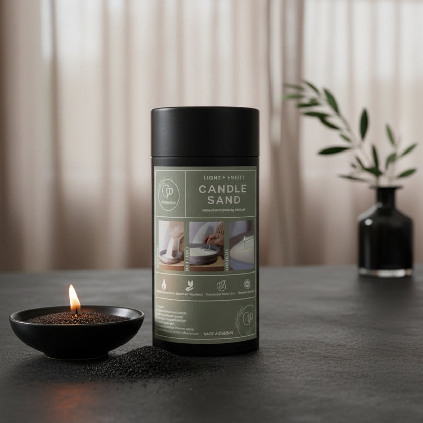 Candle sand container on a black surface with a candle in the background