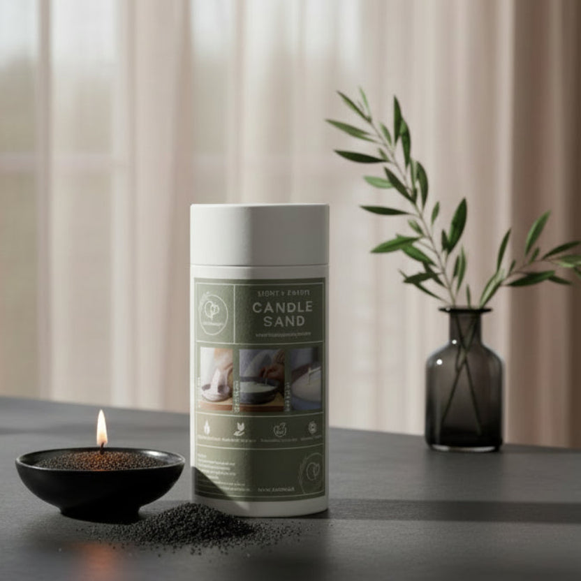 Candle sand container on a black surface with a candle in the background