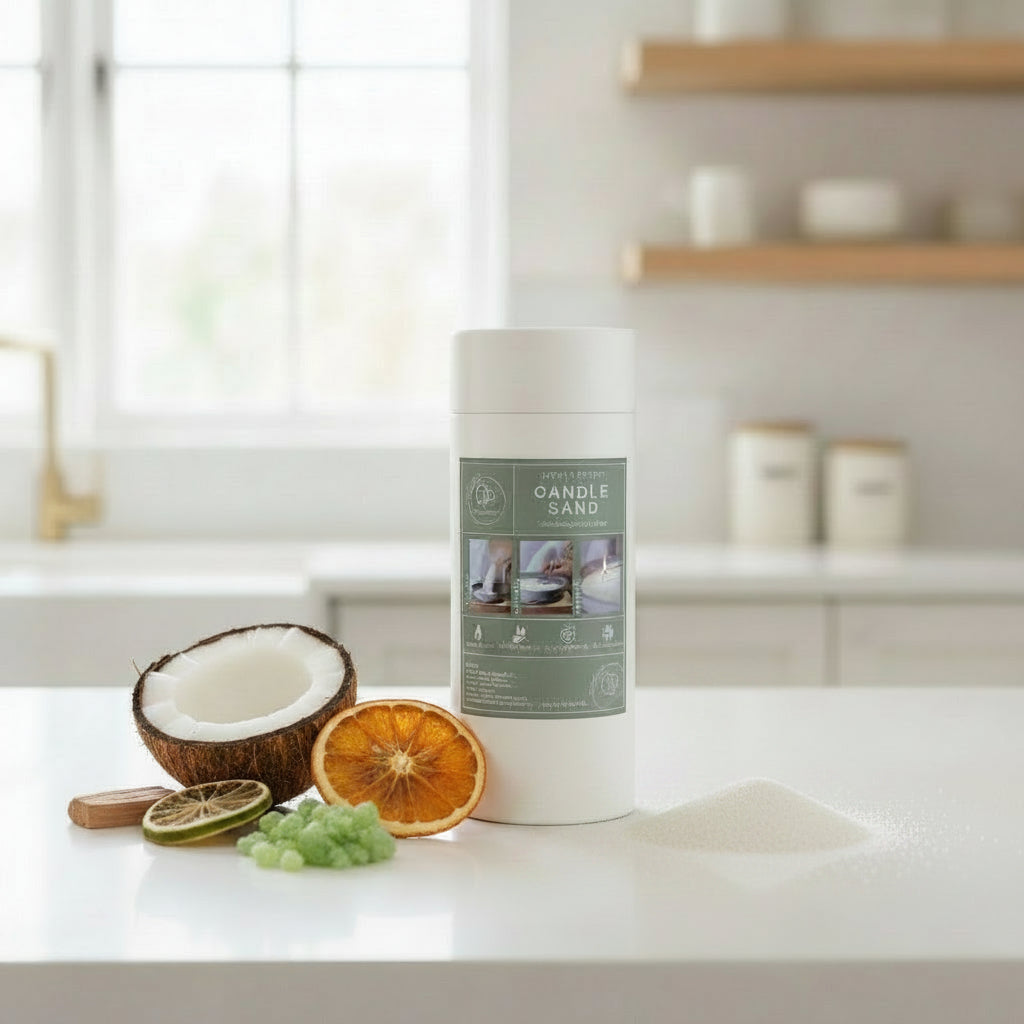 Candle sand container on a kitchen counter with flowers and shelves in the background