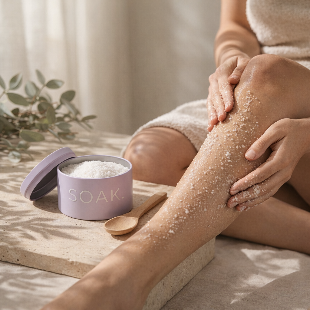 Woman using Salt mineral Scrub on her legs 