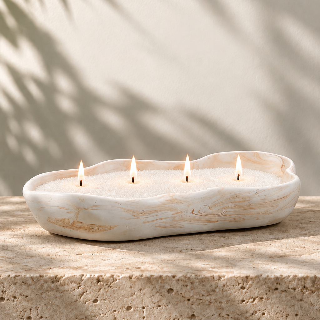 A four-wick candlesand wax candle in a sculptural, organic-shaped ceramic dish with a white and beige marble pattern, lit with four small flames, set on a textured stone surface with palm leaf shadows on a neutral background.