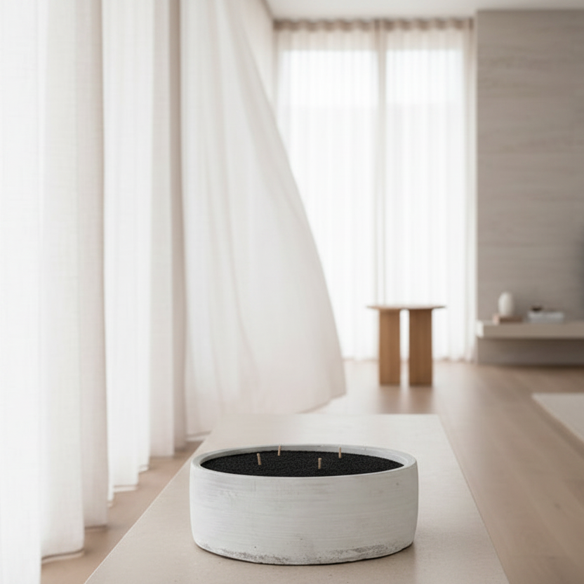 A round concrete bowl with a black sand and visible wicks, placed on a light wood table in a modern, sunlit living room with sheer white curtains .